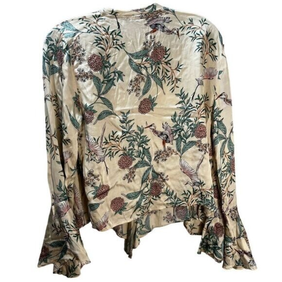 ZARA Silk Floral Detail Bird Pattern Kimono Cream Small - Picture 2 of 6